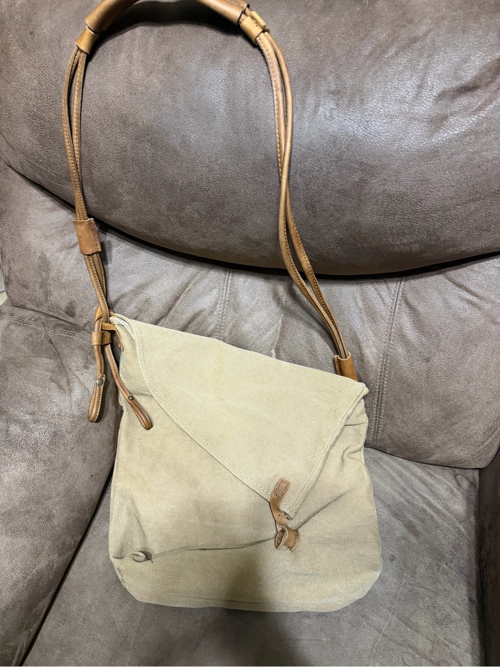 Leather and Canvas Unisex Crossbody Messenger in Light Tan